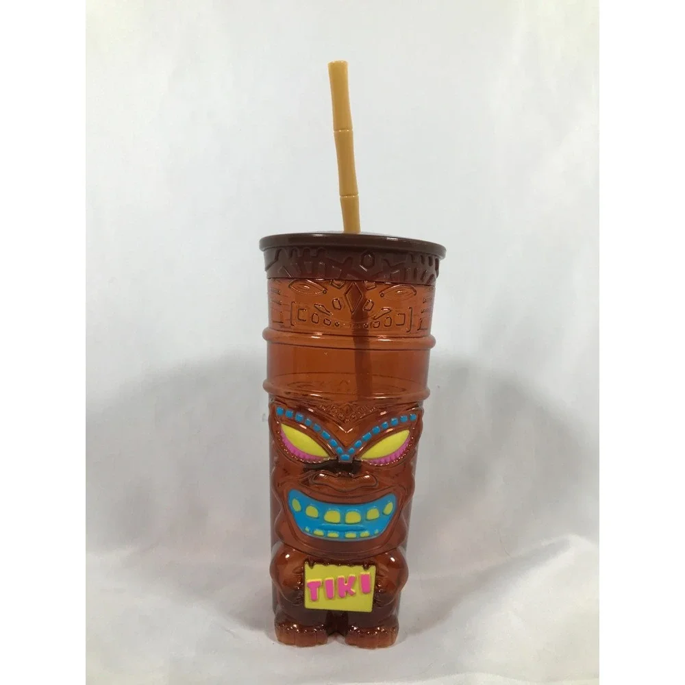 Berk Tiki Souvenir Tumbler Amber Plastic Cup with Bamboo Style Straw 22oz